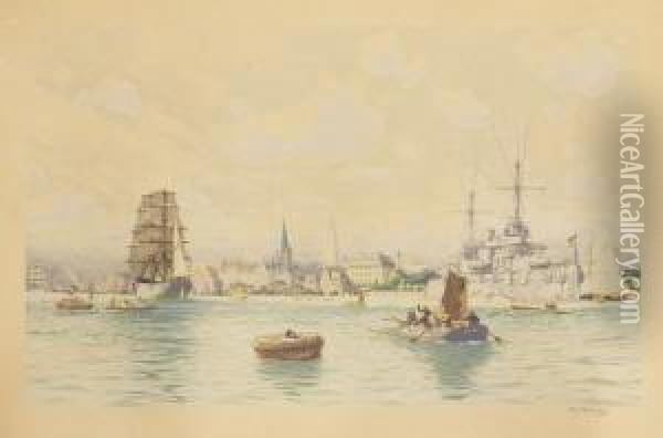 Kieler Hafenansicht Mit Kriegsschiff Und Dreimastbark Oil Painting - Fritz Stoltenberg