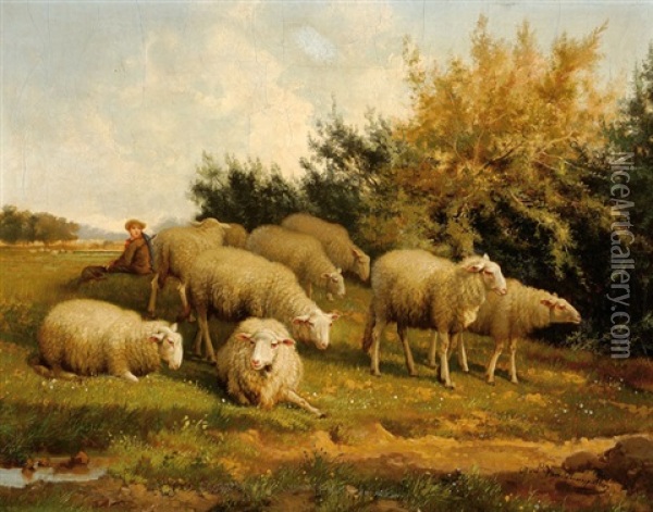 Shepherd With His Sheep In A Landscape Oil Painting - Jef Louis Van Leemputten