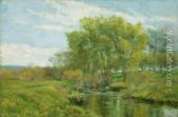 Stream In A Summer Landscape Oil Painting - Olive Parker Black