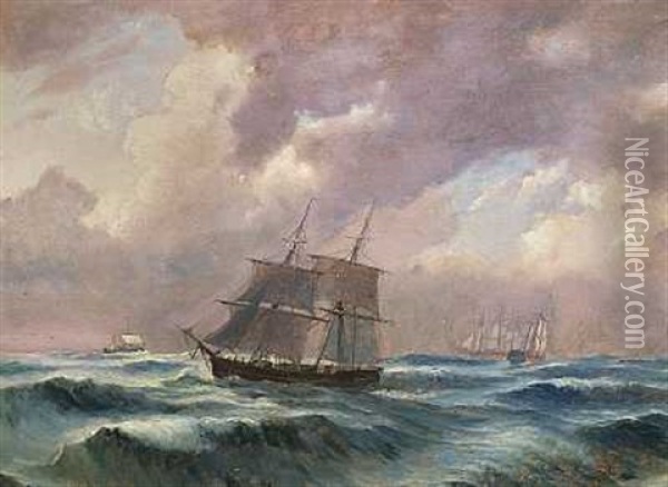Marine Med Skibe Pa Havet I Hoj So Oil Painting - Carl Ludvig Thilson Locher