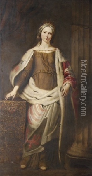 An Historical Portrait Of A Queen, Or Empress, Full-length, In A Fur-lined Ermine Robe Emblazoned With A Counterchanged Coat-of-arms Oil Painting - Andrea Soldi