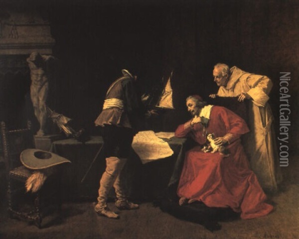 Richelieu Etudiant Les Plans D'attaque Destines Au Siege De La Rochelle Oil Painting - Louis Debras