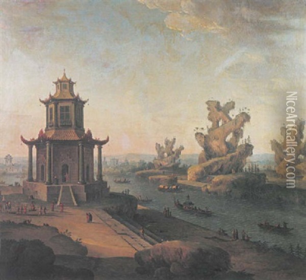 A Capriccio Of A Chinese Landscape With The Pagoda Near Sinkcien In The Province Of Kantum Oil Painting - Antonio Joli