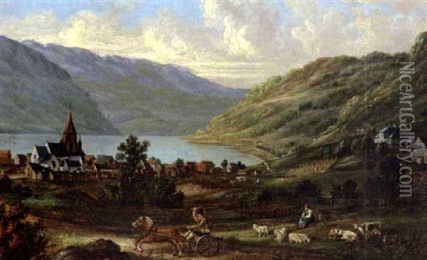 Parti Fra Vossevangen I Norge Med Hestvogn, Hyrdepige Og Far Oil Painting - Johan Ludvig Losting