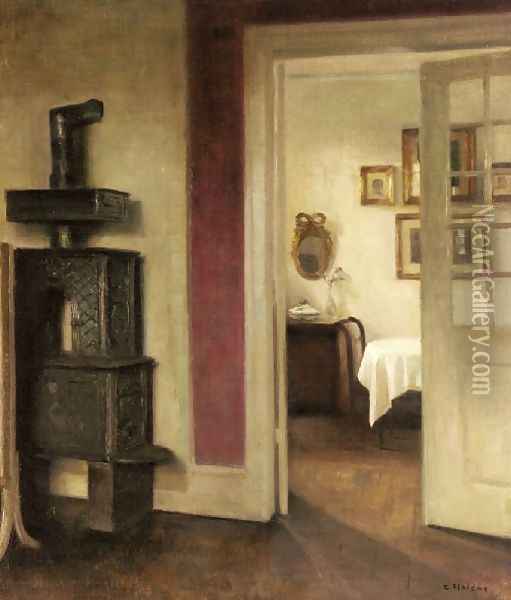 An Interior With A Stove And A View Into A Dining Room Oil Painting - Carl Wilhelm Holsoe