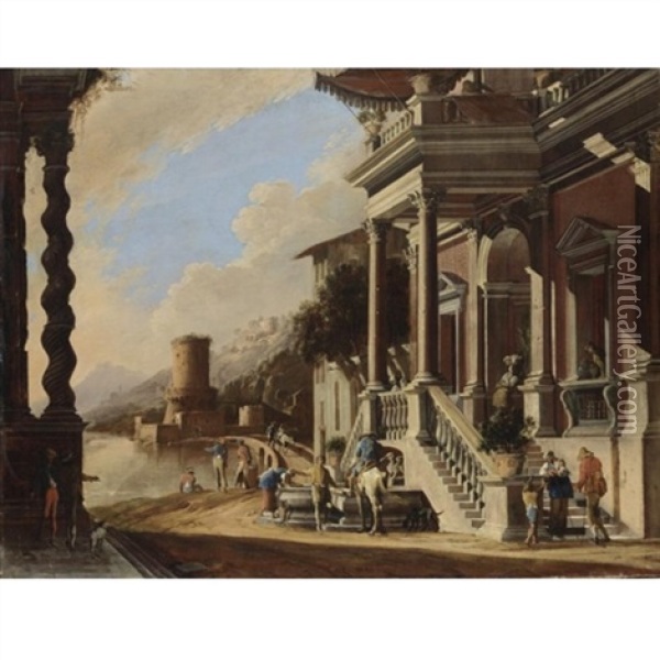 Veduta Costiera Con Ingresso Di Palazzo (in Collab. W/domenico Gargiulo) Oil Painting - Viviano Codazzi