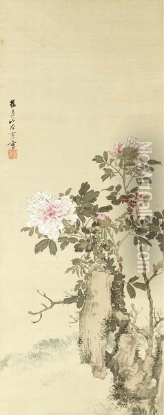 Peonies Oil Painting - Yamamoto Baiitsu