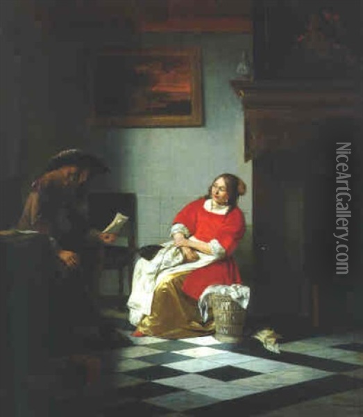 A Gentleman Reading A Letter To His Wife (?) In An Interior Oil Painting - Pieter De Hooch