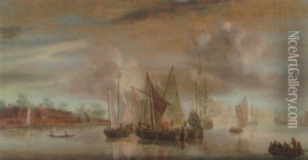 A Calm: Wijdshops And A Threemaster At Anchor In A River Estuary, At Sunset Oil Painting - Abraham de Verwer