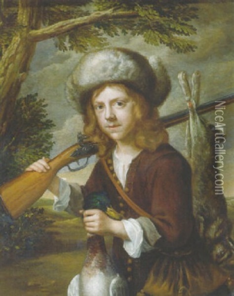 A Portrait Of A Youth, In A Landscape, Holding A Dead Duck And A Rifle Oil Painting - Govaert Flinck