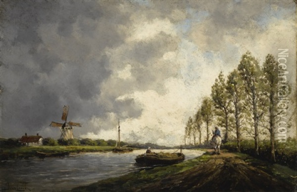 A River Landscape With A Horseman On A Path And Windmills Beyond Oil Painting - Hermanus Koekkoek the Younger