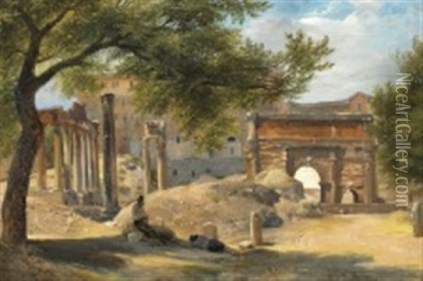 View From The Roman Forum With The Arch Of Septimius Severus And Campidoglio In The Background Oil Painting - Thorald Brendstrup