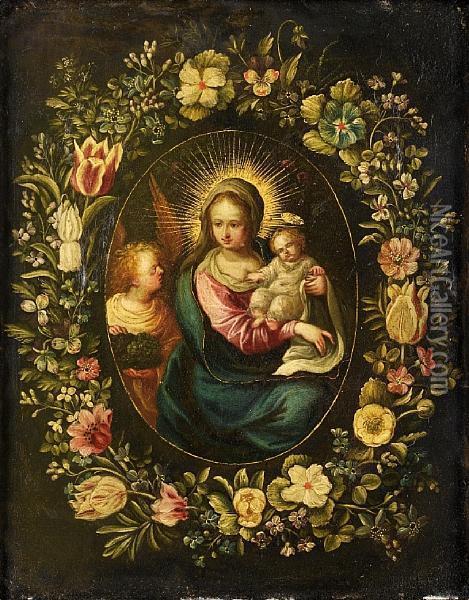 The Madonna And Child With An Angel Oil Painting - Andries Daniels