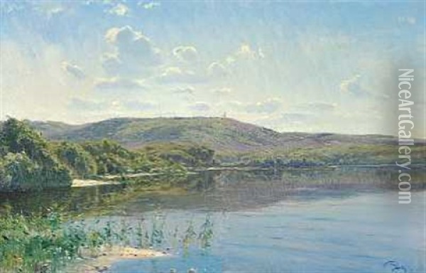 En Sommerdag Med Udsigt Til Himmelbjerget Oil Painting - Johannes Boesen