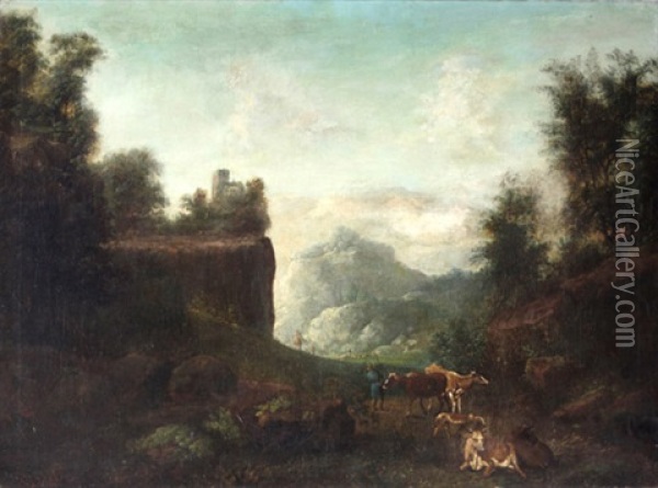 Gebirgslandschaft Mit Hirten Und Weidevieh Oil Painting - Eduard Ockel