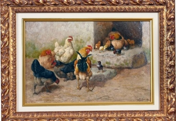 Chicken Feeding Scene (+ Another; Pair) Oil Painting - Griffith Ross Baird