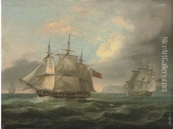 A Man-of-war In Two Positions Off The Coast Oil Painting - Thomas Luny