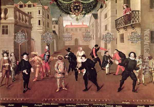 Italian and French Comedians Playing in Farces, 1670 Oil Painting - Verio