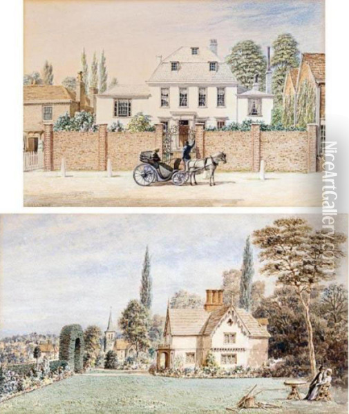 Figures In The Garden Of 
Buckskin Hall, Chalk Lane, Cockfosters; A Carriage By The Gates Of Eagle
 Hall, Southgate High Street Oil Painting - George Harvey