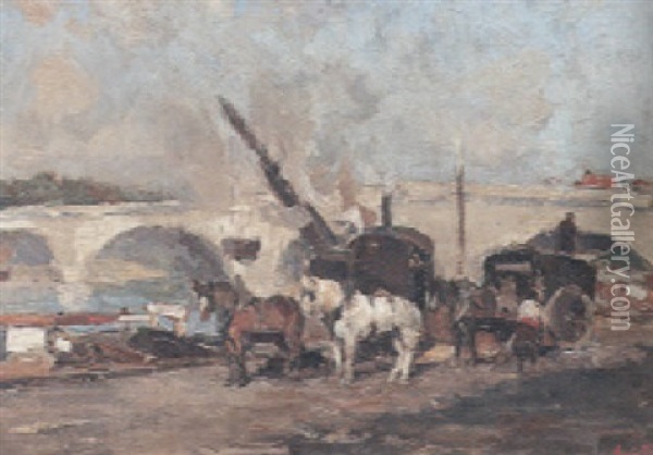 A View Of The Pont Neuf With Horses And Workers On The Quai In The Foreground Oil Painting - Maurice Blieck