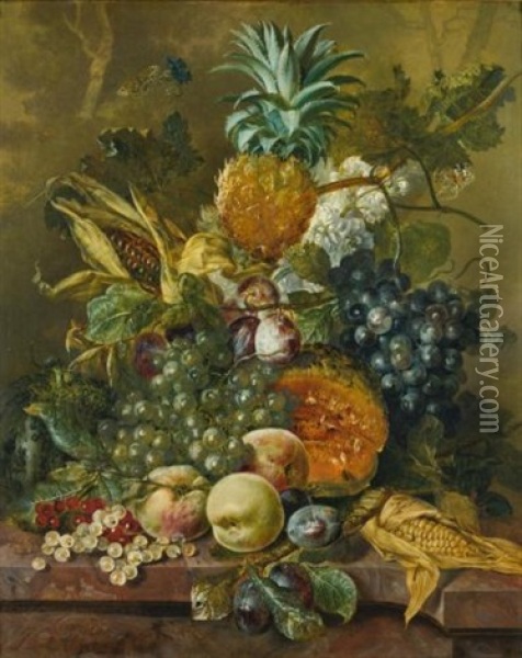 A Pineapple, Plums, Grapes And Other Fruit With Corn On A Marble Ledge Oil Painting - Jacobus Linthorst