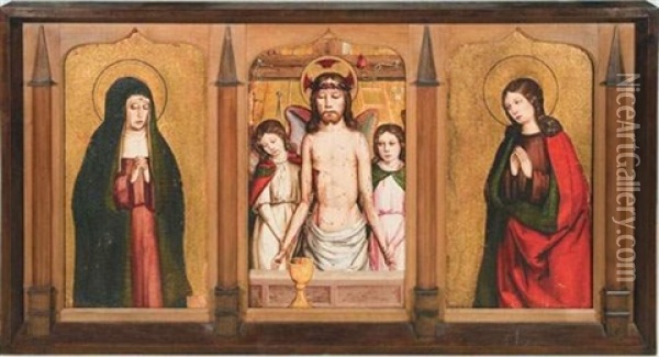 Le Christ Au Tombeau Entre Deux Anges (triptych) Oil Painting - Juan Ximenez