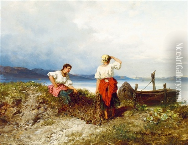 Lake Balaton (fisher Women) Oil Painting - Pal (Paul) Boehm