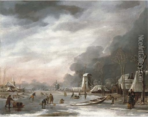 A Winter Landscape With Villagers Sledging On A Frozen Lake, A Church Beyond Oil Painting - Hendrik Jacobsz Dubbels