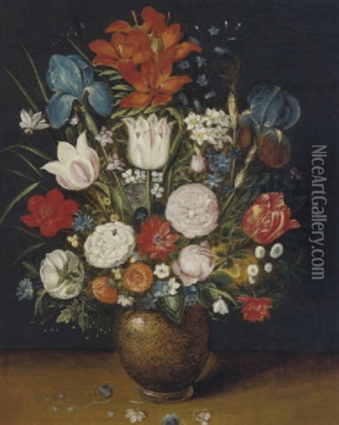 Blumenstraus Mit Rosen, Tulpen, Feuerlilien, Schwertlilien, Dahlien Und Ganseblumchen In Einer Tonvase Oil Painting - Philippe de Marlier