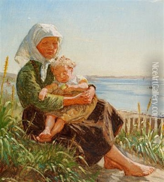 En Lille Barbenet Fiskerpige Siddende Ved Hornbaek Strand. Ansigtet Set Forfra Med Sollys Fra Hojre Side. Hun Har En Sovende Mindre Soster Paa Skodet Oil Painting - Peder Severin Kroyer