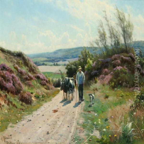 Landscape With Farmer, Dog And Cows On A Sunken Road Oil Painting - Peder Mork Monsted