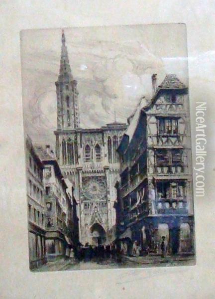 La Cathedrale Et La Rue Merciere A Strasbourg Oil Painting - Charles Pinet