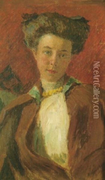 A Portrait Of A Woman In A White Blouse And Green-lined Brown Cape Oil Painting - Harriet Osborne O'Hagen