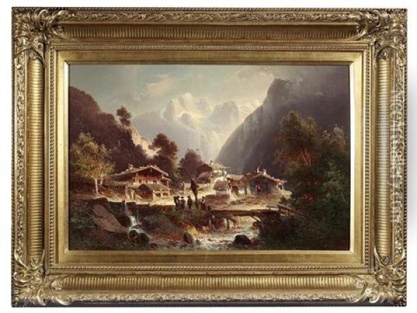 Bayerisches Gebirgsdorf An Einem Bach. Vor Einem Marterl Unterhalten Sich Landleute Oil Painting - Ferdinand Feldhuetter