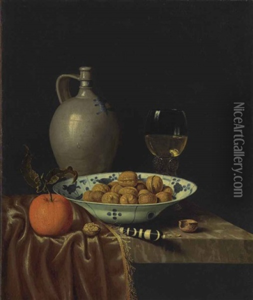 Walnuts In A Wan-li Porcelain Bowl, A Stoneware Jug, An Orange, A Knife With An Ebony And Ivory Handle And A Roemer, On A Partially Draped Ledge Oil Painting - Hubert van Ravesteyn