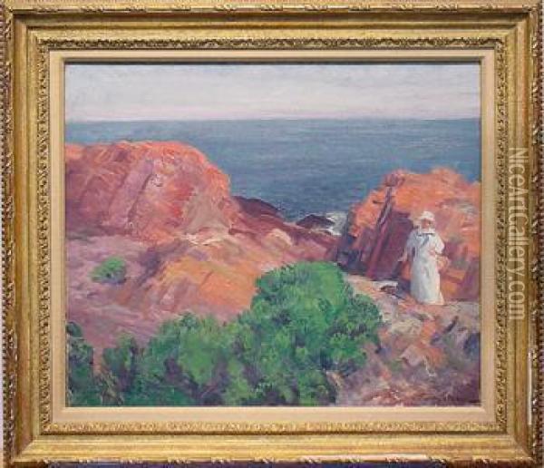Dolly In White, Rocks And Sea Oil Painting - John Sloan