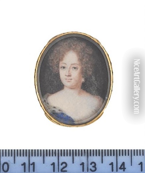 A Noblelady, Wearing White Underdress, Blue Mantle With Gold Fleur-de-lys And Ermine Trim, Pearl Pendent Earring, Her Hair Curled And Upswept Oil Painting - Susan Penelope Rosse