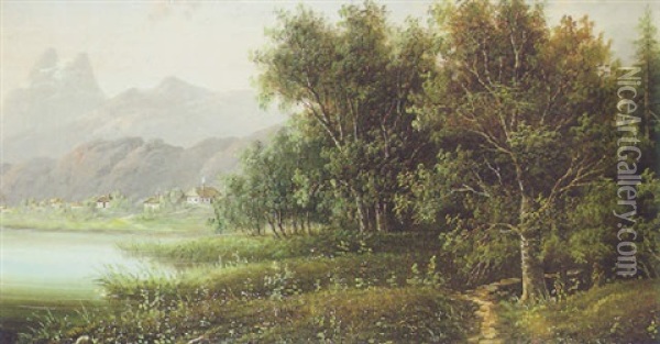 Paisaje Con Pueblo Junto A Un Lago Oil Painting - Adolf Boehm