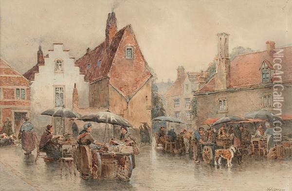 A Market Place, Bruges Oil Painting - William Arnold Woodhouse