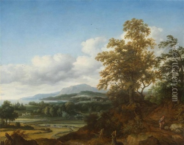 View Of A Lake Landscape With A Group Of Trees In The Foreground Oil Painting - Joris van der Haagen