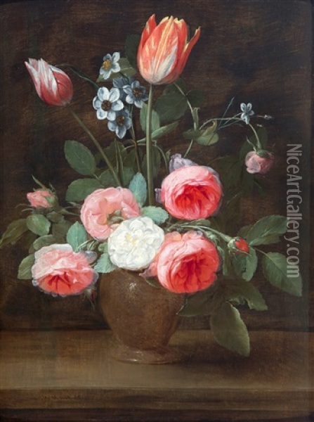 Bloemstilleven Van Rozen, Tulpen En Trosnarcissen In Een Stenen Vaas Oil Painting - Jacob Foppens van Es (Essen)