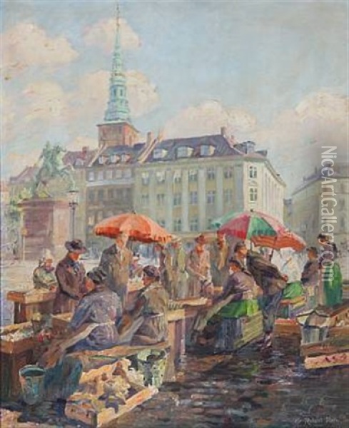 Fishermen's Wives Selling Fish At Hojbro Plads In Copenhagen Oil Painting - Robert Panitzsch