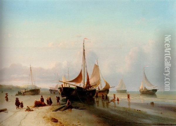 Moored Fishing Fleet On The Beach Of Scheveningen Oil Painting - Maurits Verveer