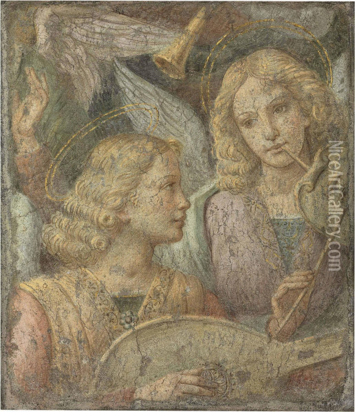 Angels Making Music Detached Gilded Fresco Oil Painting - Bernardino Luini