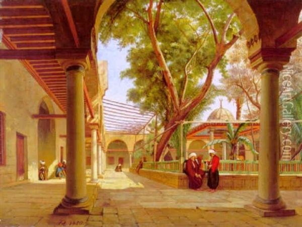 Conversation In The Interior Courtyard Of A Mosque, Istanbul Oil Painting - Johann-Ludwig Rudolf Durheim