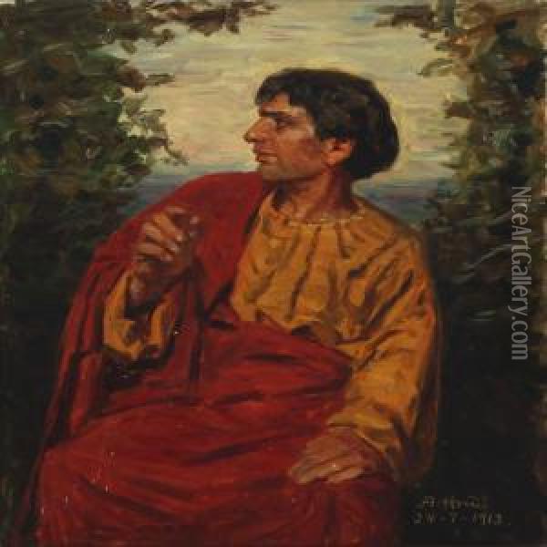 Exterior With Man Dressedin Red Cloth Oil Painting - Axel Hou
