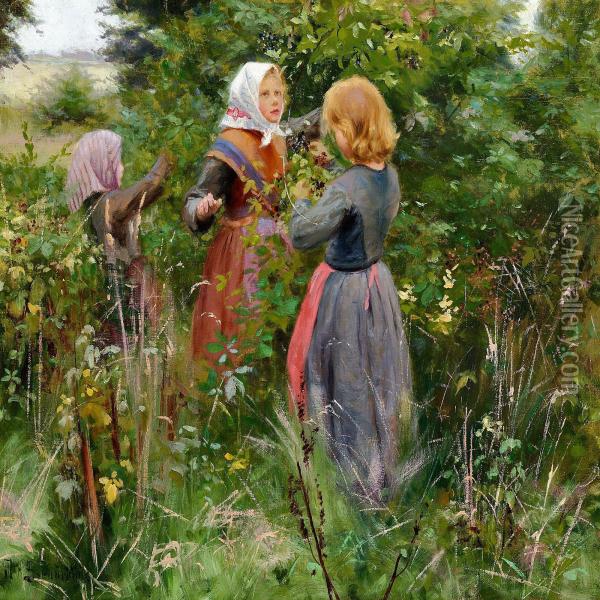 Three Little Girls Picking Blackberries Oil Painting - Hans Anderson Brendekilde
