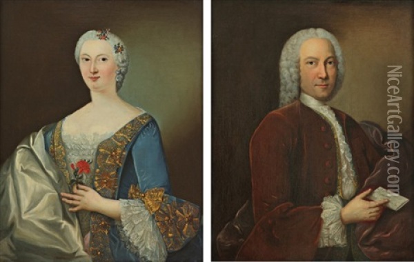 Portrait De Femme Tenant Un Oeillet (+ Portrait D'homme Tenant Une Lettre; Pair) Oil Painting - Jean-Baptiste Oudry