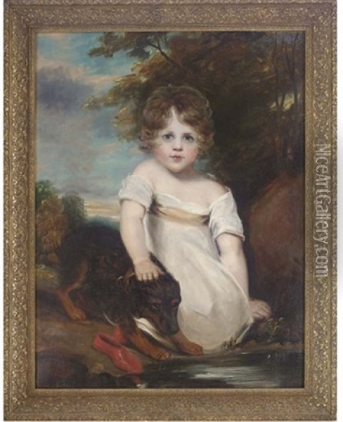 Portrait Of A Young Girl Seated With A Dog Beside A Pool Oil Painting - Margaret Sarah Carpenter