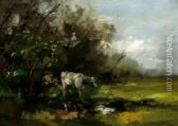 A Cow Near The Border Of Apond Oil Painting - Willem George Fred. Jansen